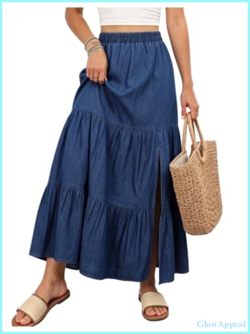 Women's Flowy Boho Denim Maxi Skirt Side Slit Tiered A-Line